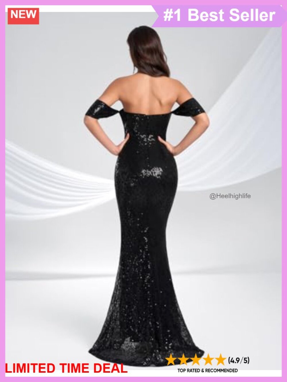 Off the Shoulder Sequin Maxi Prom Dress Side Slit Backless Mermaid Formal - Picture 4 of 6
